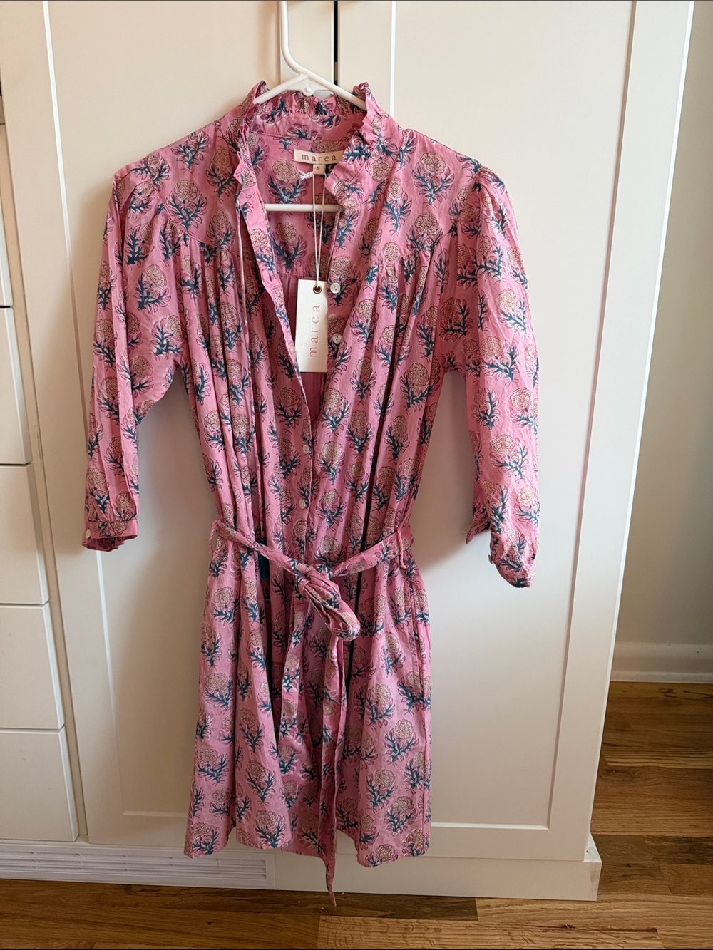 Marea Georgia Pink Floral Shirt Dress with Tie Waist, size small.